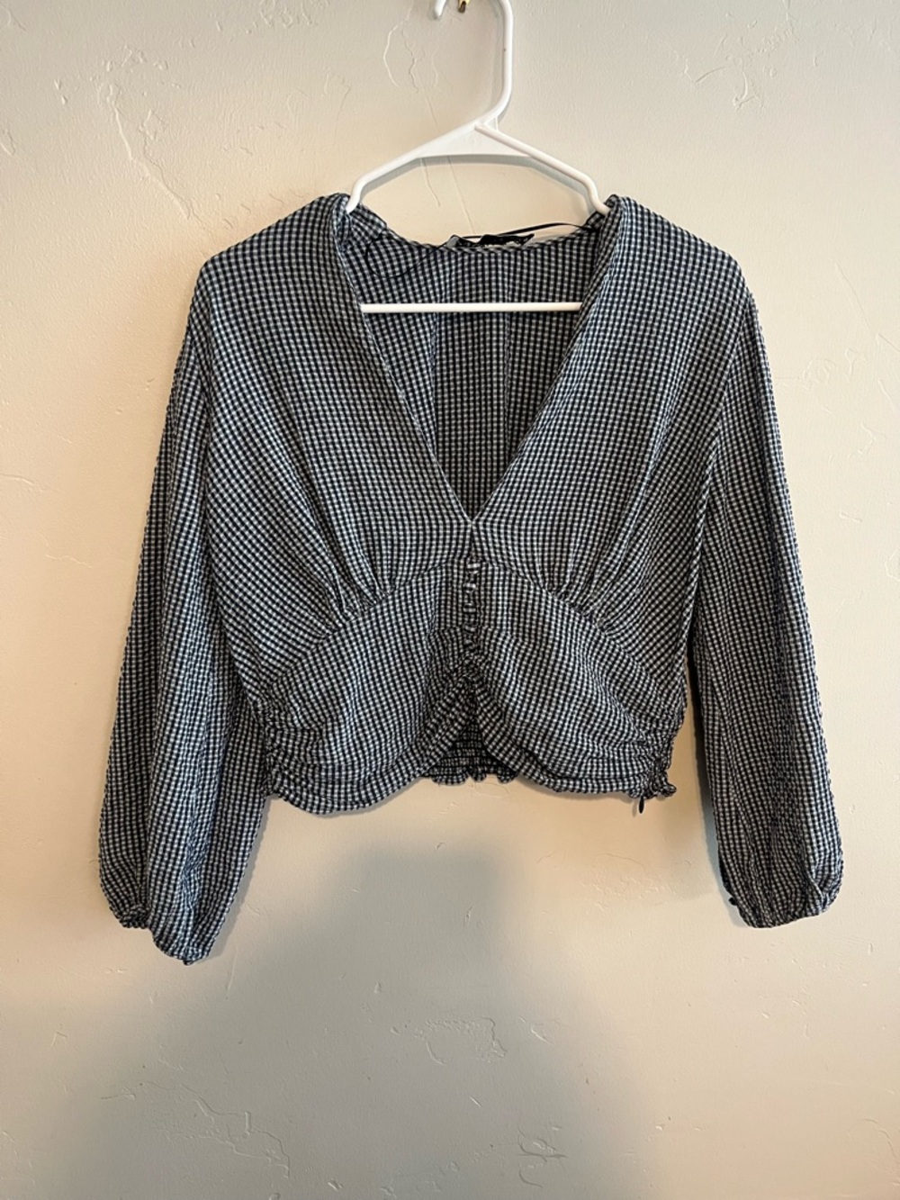 Zara Black & White Gingham V-Neck Blouse